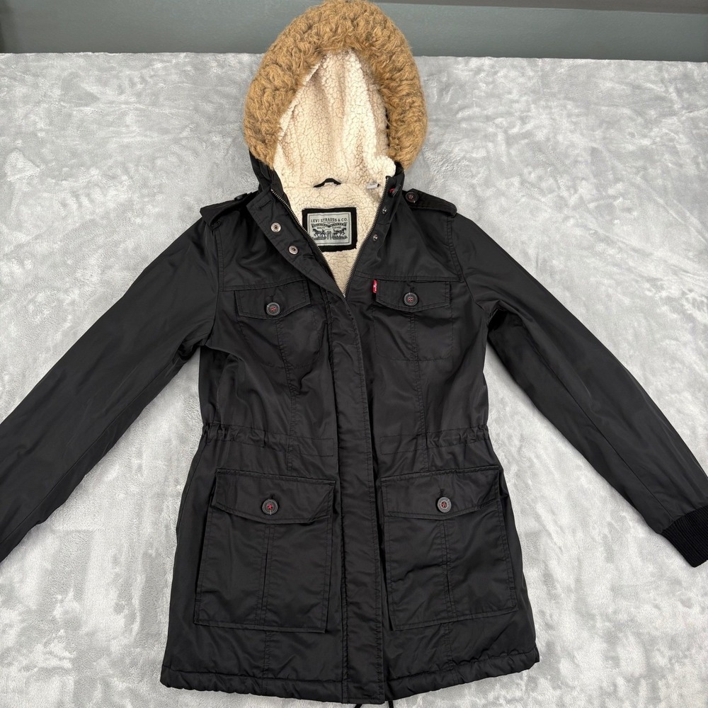 Levi's Sherpa Lined Hooded Parka Jacket Womens Small 4‎ Pocket Zip Black